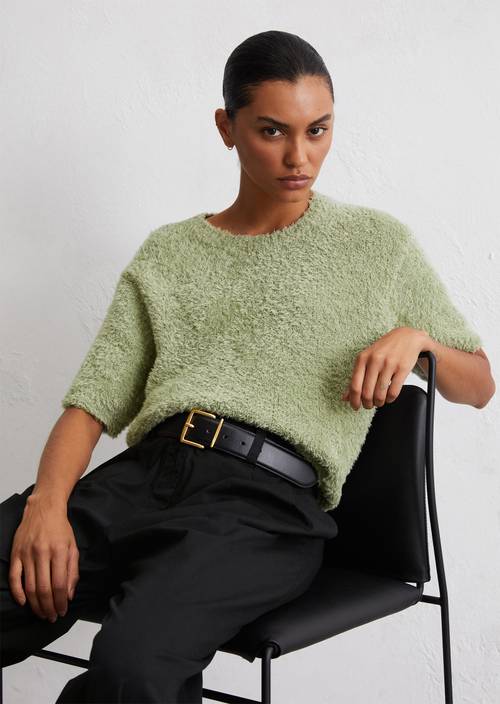 Fuzzy knit short sleeve sweater loose made from fluffy cotton yarn
