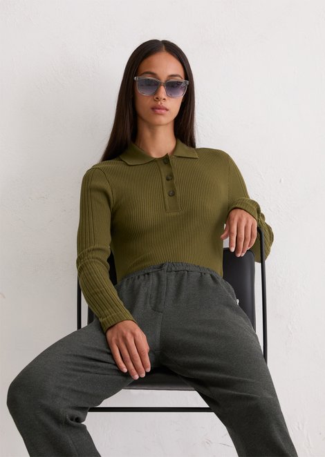 Marc O'Polo DfC polo lange mouw slim, Dames, groen, M, 100% Katoen