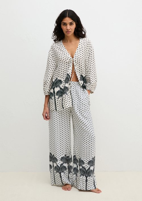 Open beach tunic — White Cotton Palm Print