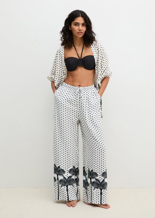Beach cover-up pants — White Cotton Palm Print