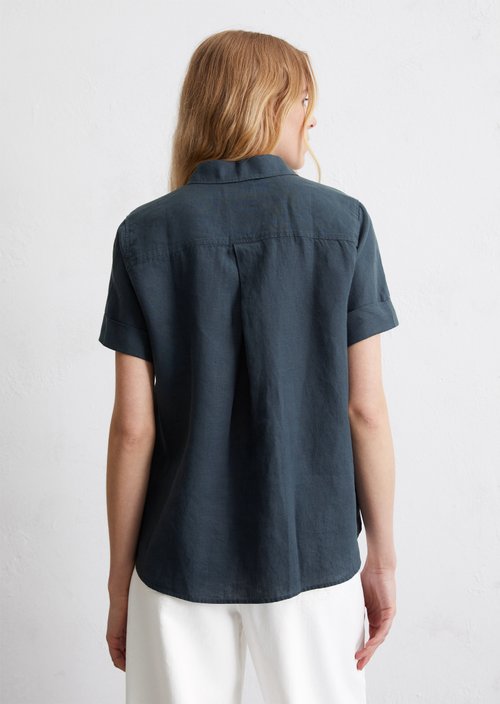Regular short-sleeved linen blouse — Dark blue