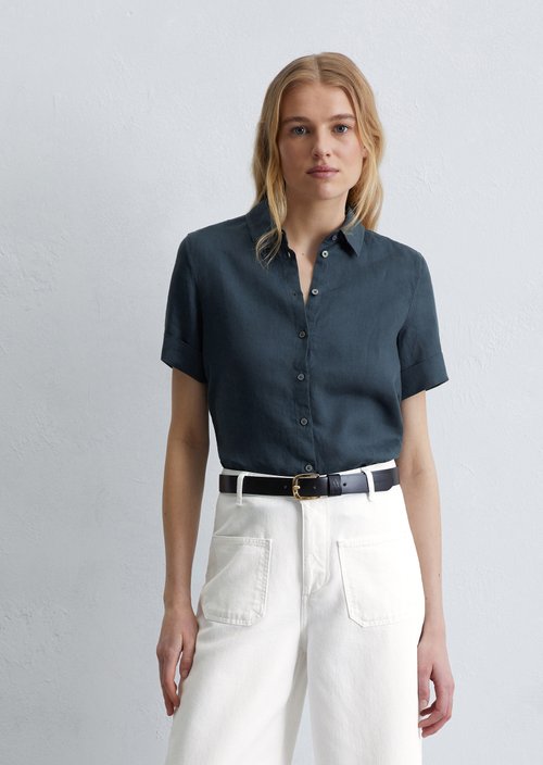 Regular short-sleeved linen blouse — Dark blue
