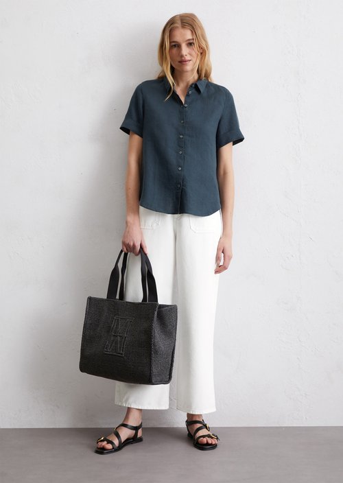 Regular short-sleeved linen blouse — Dark blue