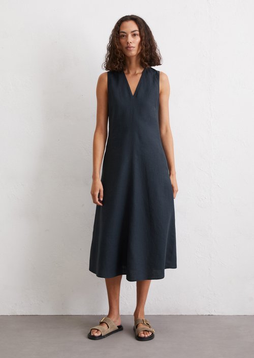 Sleeveless linen dress shaped flared — Dark blue