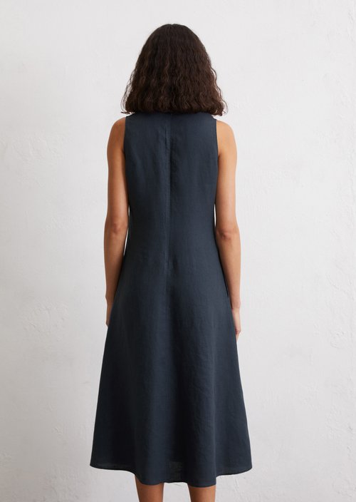 Sleeveless linen dress shaped flared — Dark blue