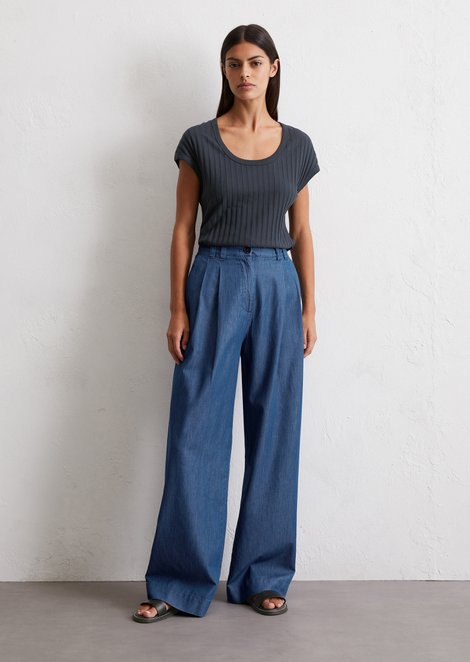 Marc O'Polo Pointelle T-shirt slim, Dames, blauw, Xxl, 50% Modal, 50% Katoen
