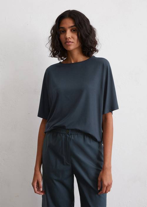 Camiseta relajada de punto elástico de viscosa azul Manga